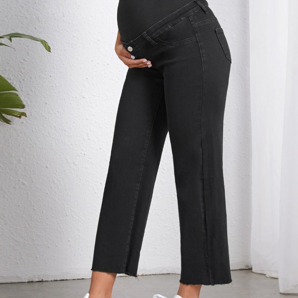 Black Casual Womens Maternity Wideband Waist Raw Hem Jeans - Picture 5 of 5